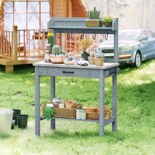 Gracie Oaks Seyam HLR Outdoor Wooden Potting Bench Table with Metal ...