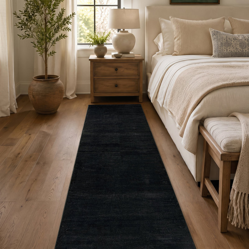 Solid Heathered Black Machine Washable Non-Slip Backing Area Rug, 2' x 6'