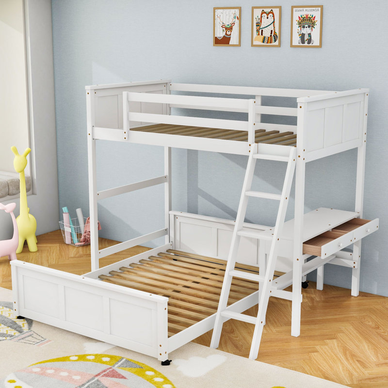 Lit superposé en bois avec bureau d'étude intégré et tiroirs de rangement, Jumeaux sur complet, Blanc
