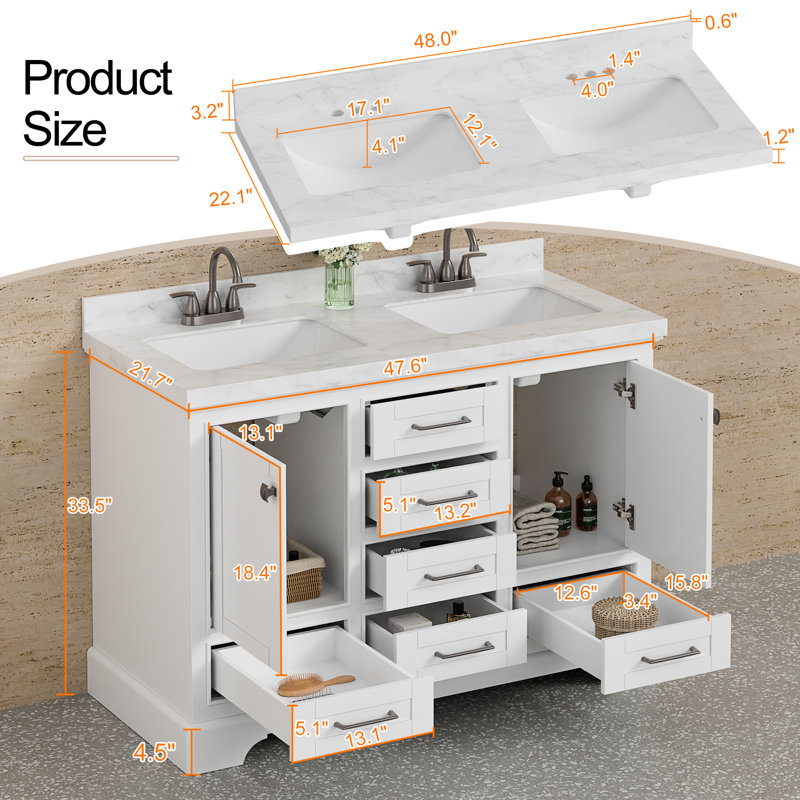 Linsay 48'' Double Sink Bathroom Vanity with Engineered Marble Quartz Top, Fully Assembled, White