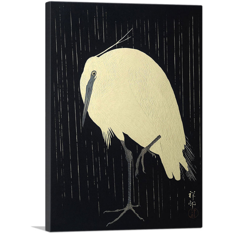 «White Heron debout sous la pluie» par Ohara Koson - reproduction d'art sur toile tendue, H 18 po x l 12 po x P 0,75 po