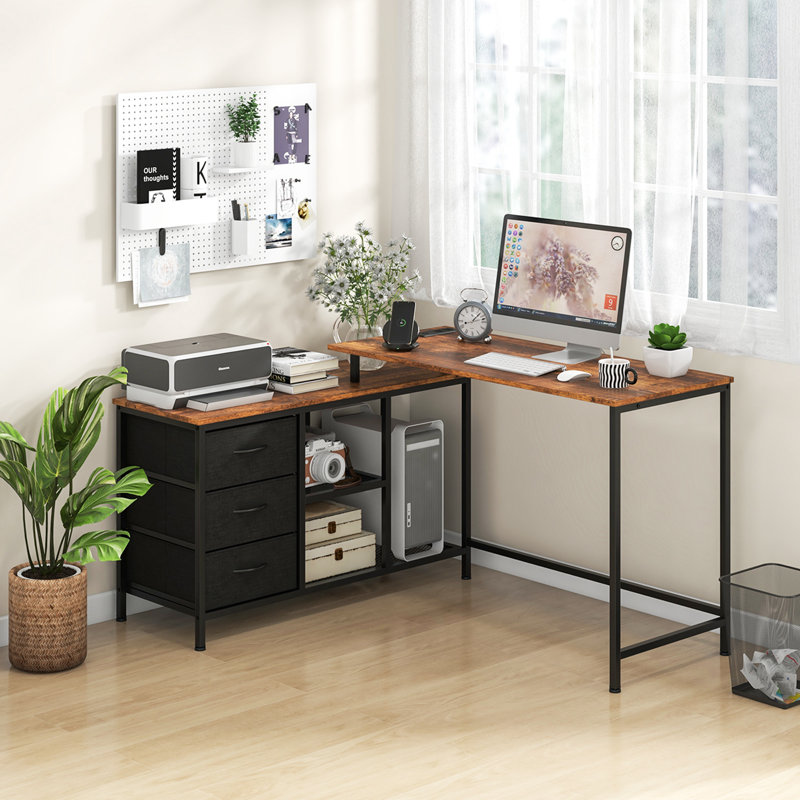 Marayah L-Shaped Metal Base Computer Desk with Power Outlet, Rustic Brown