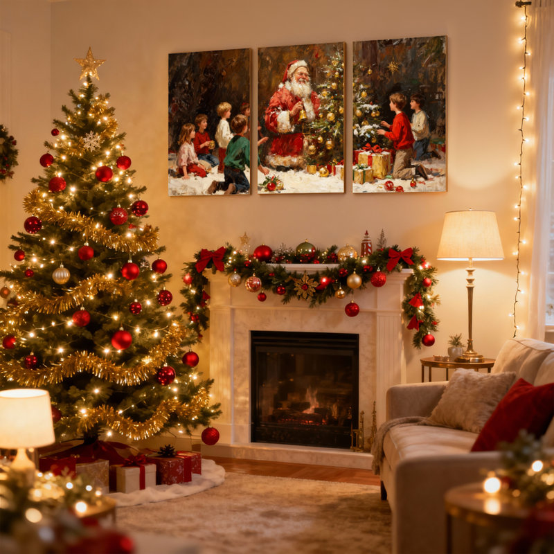 Ensemble de 3 impressions sur toile, père Noël avec enfants et arbre de Noël, H 30 po x l 60 po
