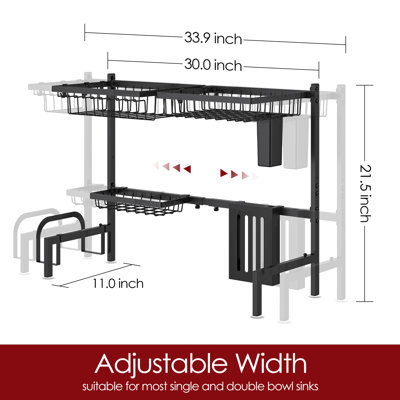 Adjustable Over-the-Sink Stainless Steel Dish Drying Rack, Large-Capacity Kitchen Organizer, Black