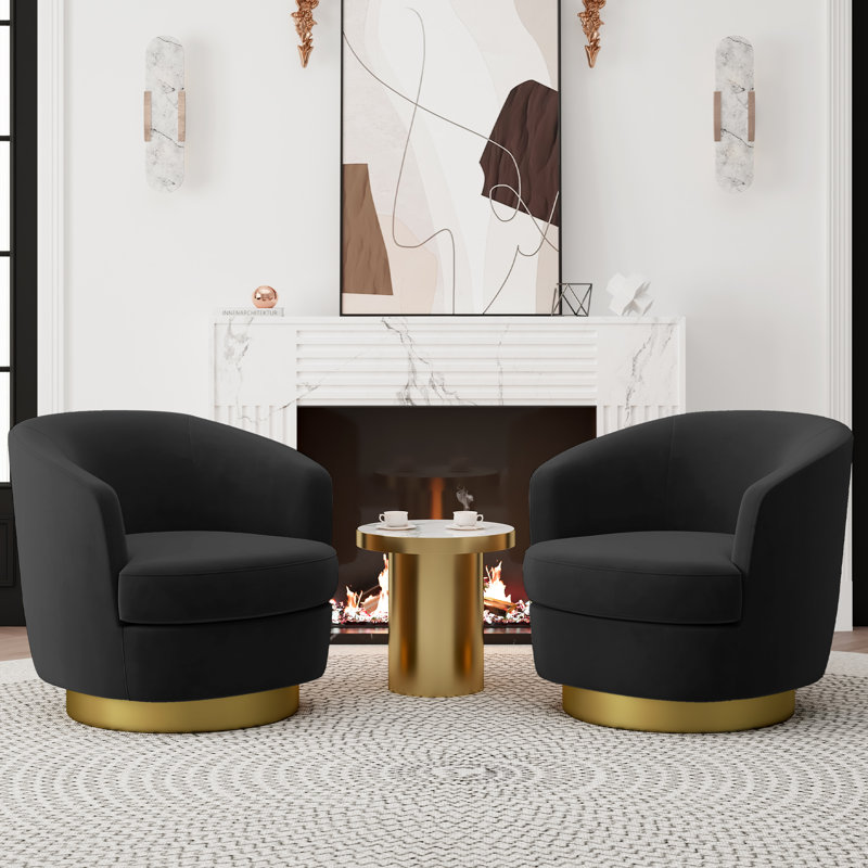 Jalivia 29'' W Velvet Upholstered Swivel Barrel Chair, Black Velvet
