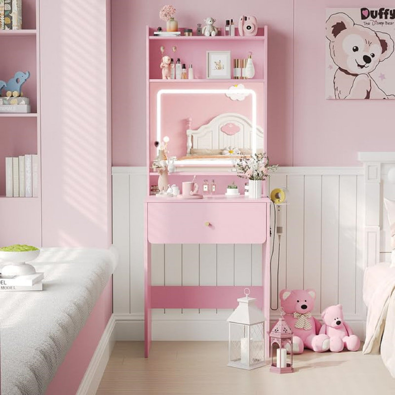 Petit ensemble de coiffeuse avec 3 miroirs lumineux réglables, Rose