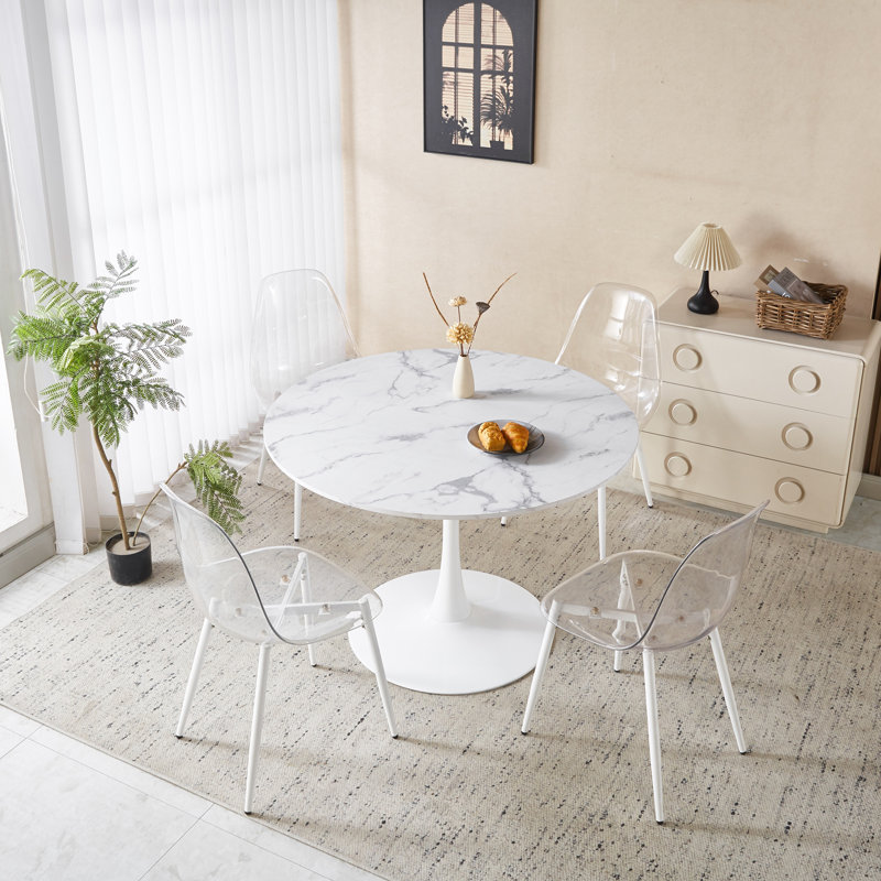 Ensemble de salle à manger 1 + 4 pour 5 pièces, 1 table + 4 chaises, table de pub ronde à motif de marbre pour le bar et la cuisine