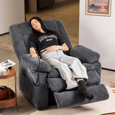 Fauteuil inclinable électrique à double moteur, grande taille, gris. Inclinaison à 173 degrés, dossier et repose-pieds indépendants, modes prédéfinis, accoudoirs amovibles, porte-gobelet et ports USB-C.