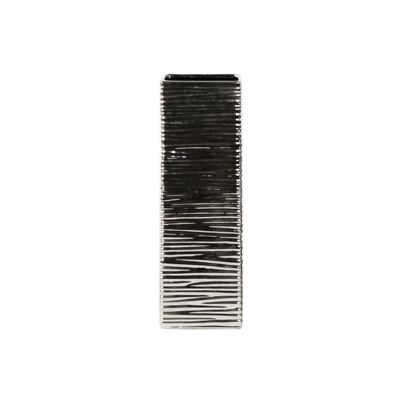 Ceramic Square Vase LG Rippled Finish Polished Chrome Finish Silver..5.25"x3.75"x16.00"H