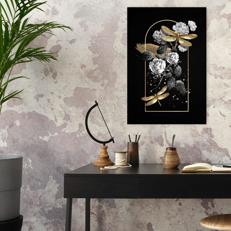 Art mural, libellule et roses dorées, H 24 po x l 16 po