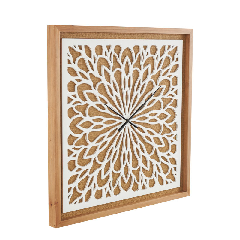 Cole And Grey Wood Floral Decorative Brown Wall Clock With White Cutout Board