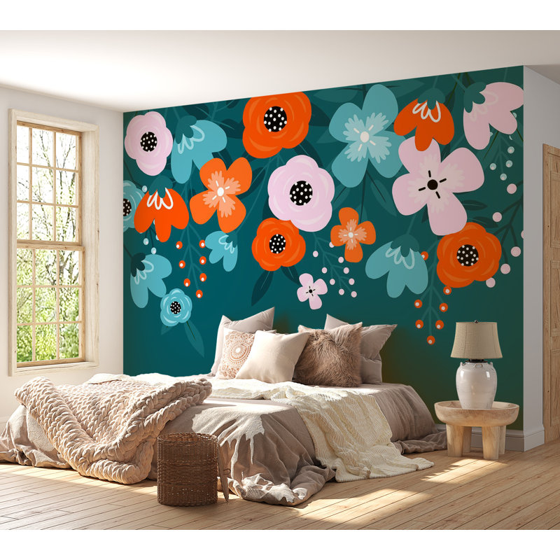 Papier peint floral - Abstrait bleu, L 68 po x l 98 po