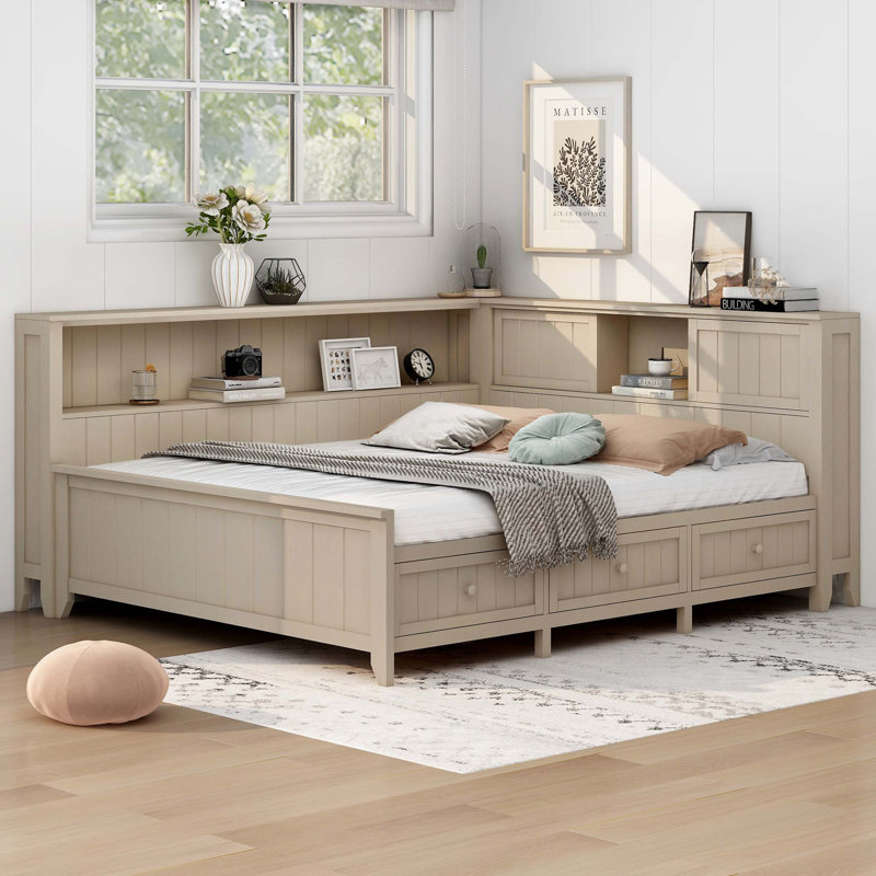 Lit de jour double en bois avec tablettes de rangement et 3 tiroirs, Lit double