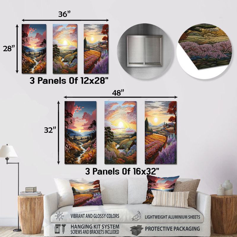 Lever de soleil campagne en Provence - ensemble d'art mural en métal campagne, H 28 po x l 36 po