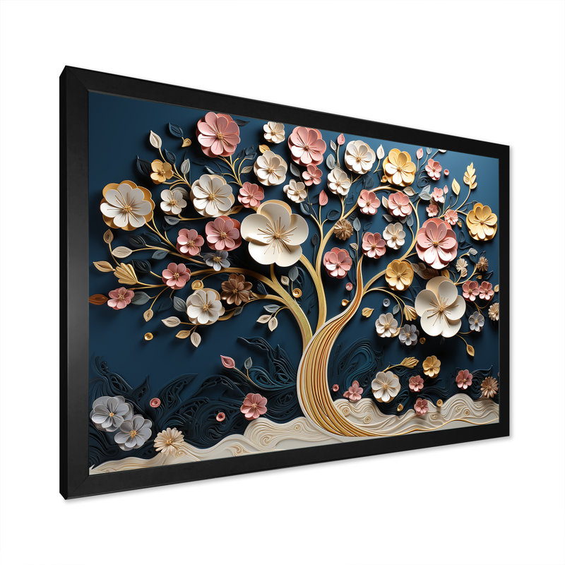 Orchidée rose et bleue, branches d'arbre en V - art mural arbre, H 12 po x l 20 po x P 1 po, Cadre d'angle fermé noir