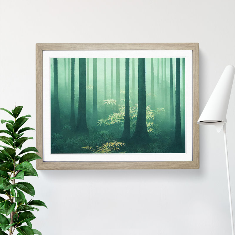 Misty Japanese Forest - Single Picture Frame Print, 46cm H x 64cm W, Oak Framed