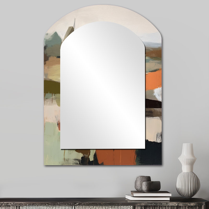 Green And Beige Transcending Reality III - Abstract Painting Arch Wall Mirror, Green Asymmetrical Decorative Mirror, Printed Metal Art