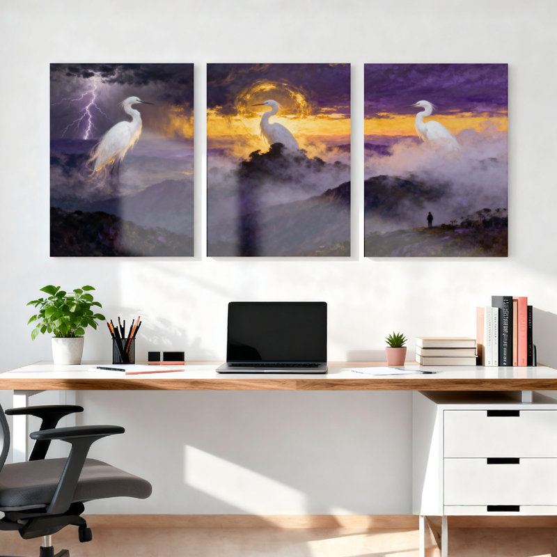 Ensemble de 3 tableaux sur toile tendue représentant un héron blanc dans un ciel orageux, H 30 po x l 60 po