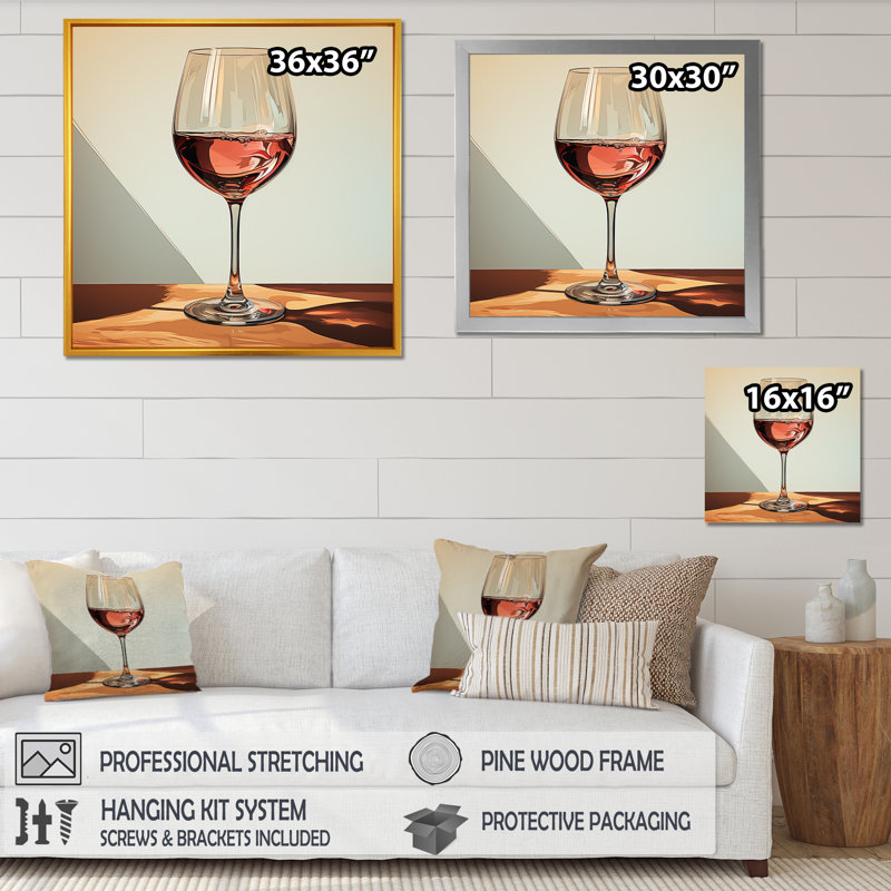 «Pink Crisp Elegance Of Wine Glass II», art mural vin, Cadre simple argenté, H 16 po x l 16 po x P 1 po