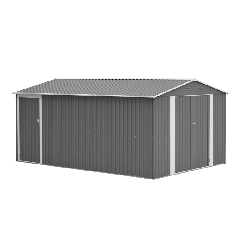 14x10 Ft Outdoor Metal Storage Shed Large Garden Tool Shed With 3 Lockable Doors & Side Door