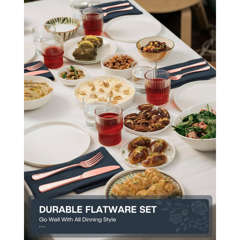 Ensemble de couverts 30 pièces en acier inoxydable pour 6 personnes avec boîte de rangement, coutellerie en or rose avec motif laser floral, couteaux cuillères polies en miroir, ensemble de vaisselle allant au lave-vaisselle
