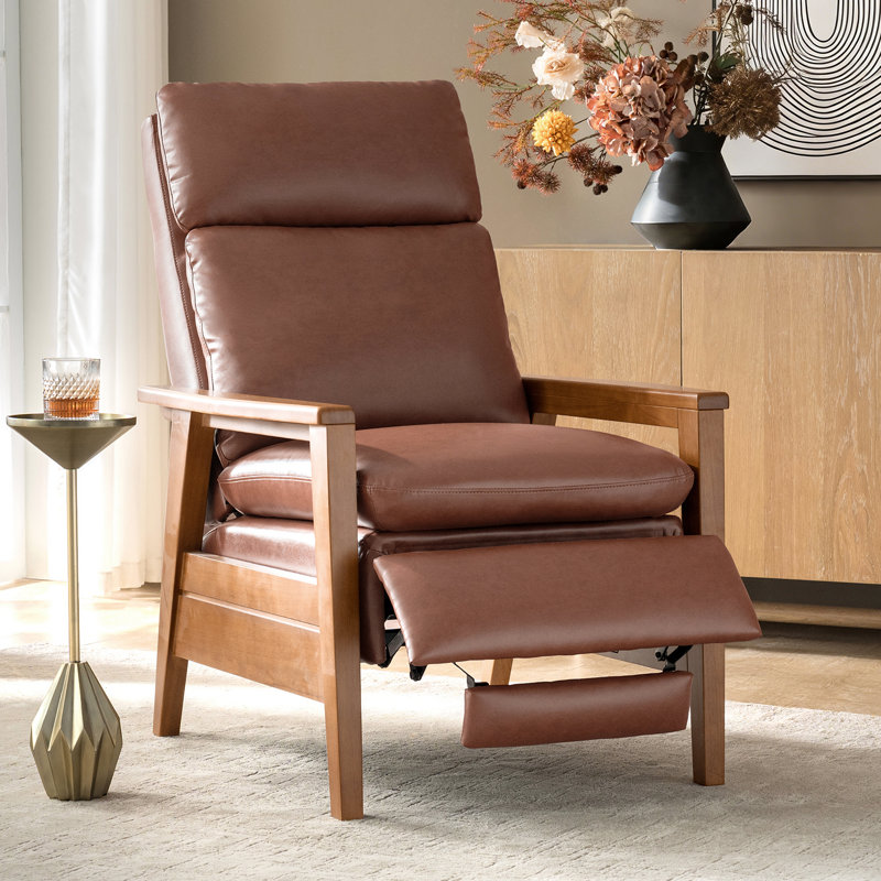 Honorato Mid-Century Modern Vegan Leather Recliner with Solid Wood Frame, Brown Faux Leather