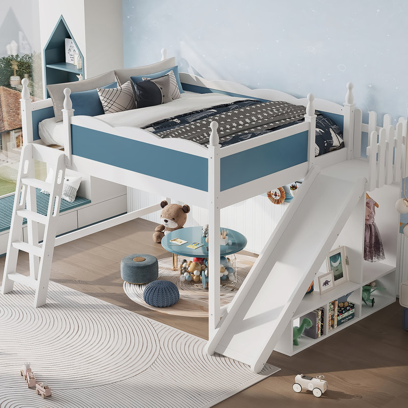 Full Loft Bed With Storage Shelves And Wardrobe, Solid Wood Loft Beds With Detachable Slide And Ladders, No Spring Box Needed, Pink And White.(Patent Protection)