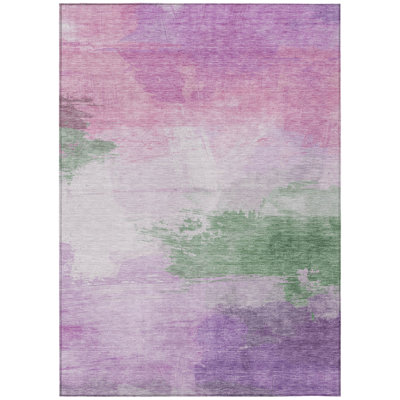 5' X 8' Lilac Lavender And Green Abstract Washable Indoor Outdoor Area Rug