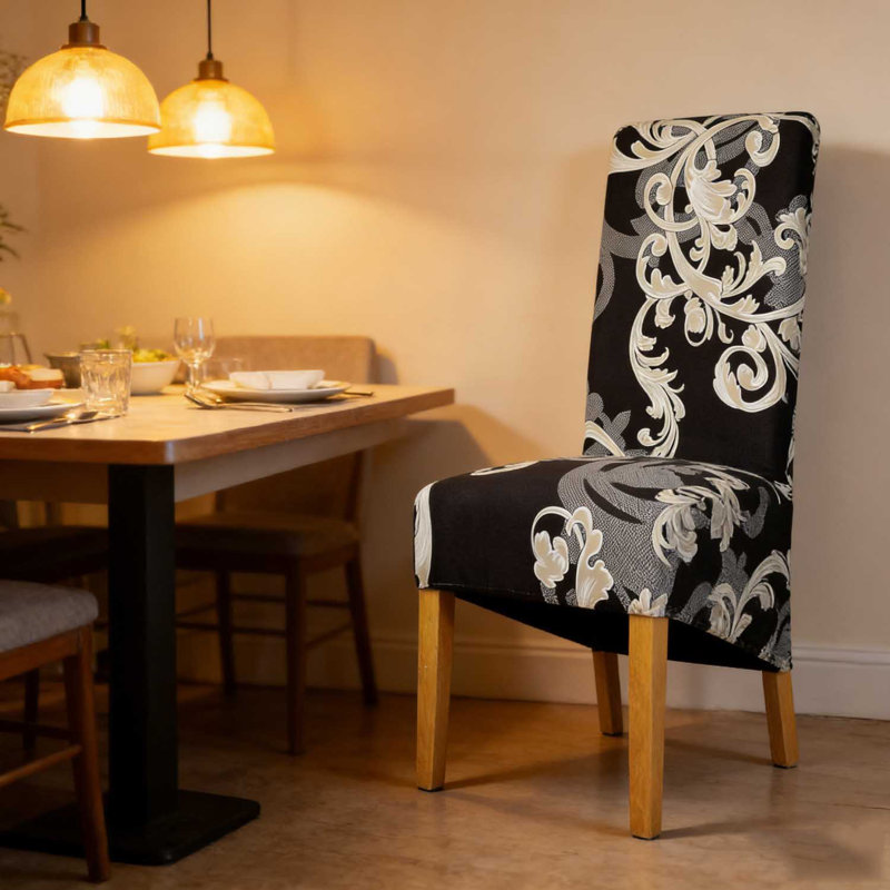 Polyester Box Cushion Dining Chair Slipcover, Polyester - Black Floral