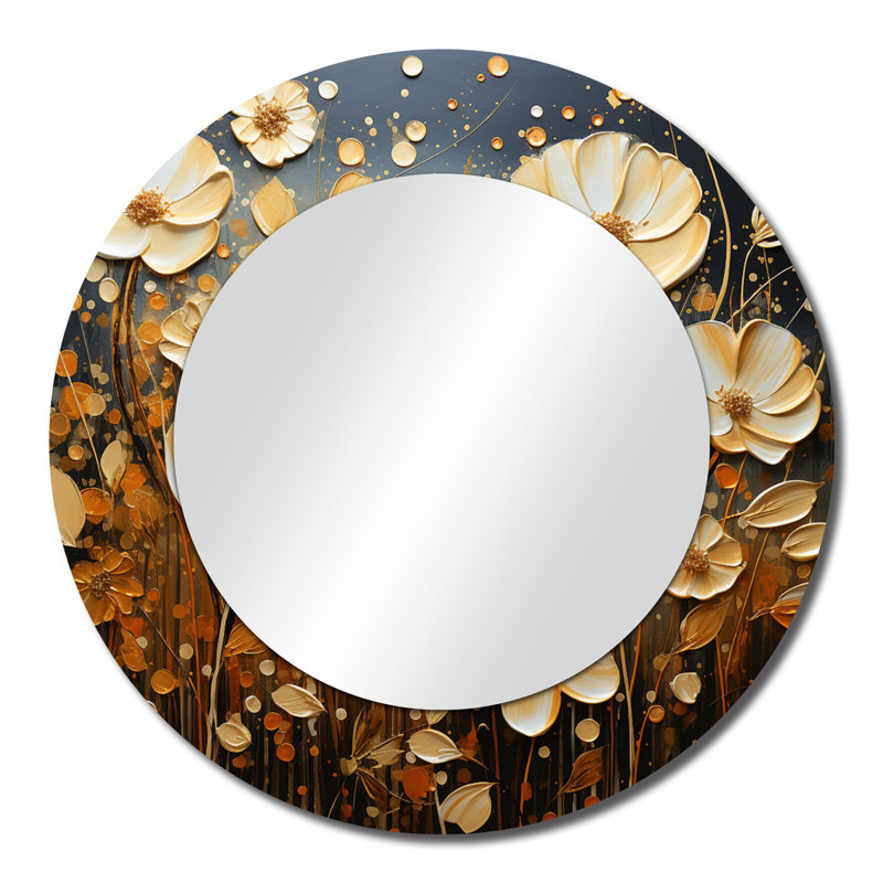 Wildflowers Golden Petals Pointillism Dot - miroir fleurs sauvages, miroir mural rond jaune, impression sur métal