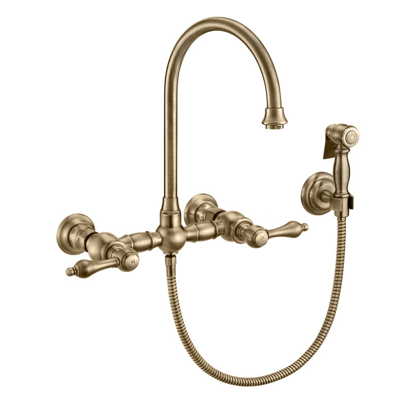 Whitehaus Collection Wall Mount Faucet with Gooseneck Swivel Spout and Solid Brass Side Spray, Antique Brass, Lever Handles