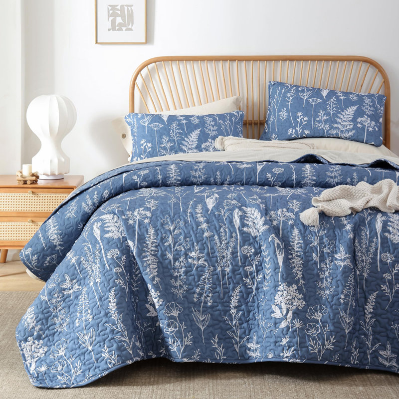 Floral Quilt Set 2 Pieces - Lightweight Botanical Pattern Quilt With One Pillowcase, Twin Comforter + 1 Standard Pillowcases