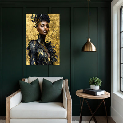 African Art Wall Decor - Black Elegance Pictures Wall Artwork for Living Room, Feather Style and Gold Note Design Painting for Bedroom, Wrapped Canvas Pine Frame, 12×16 inches