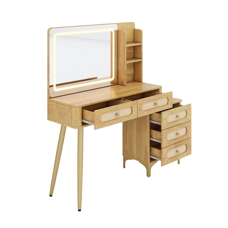 Vintage Dressing Table with Lighted Mirror, Rattan Design Drawers & Storage Shelf, Brown