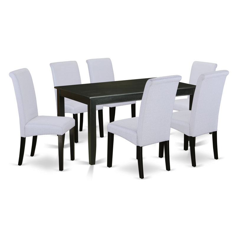 7 Piece Dining Set Consist of a Rectangle Dining Room Table and 6 Grey Linen Fabric Upholstered Parson Chairs, Black, Black