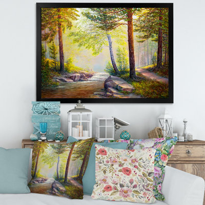 Après-midi, lumière à travers les arbres dans la forêt - peinture sur toile