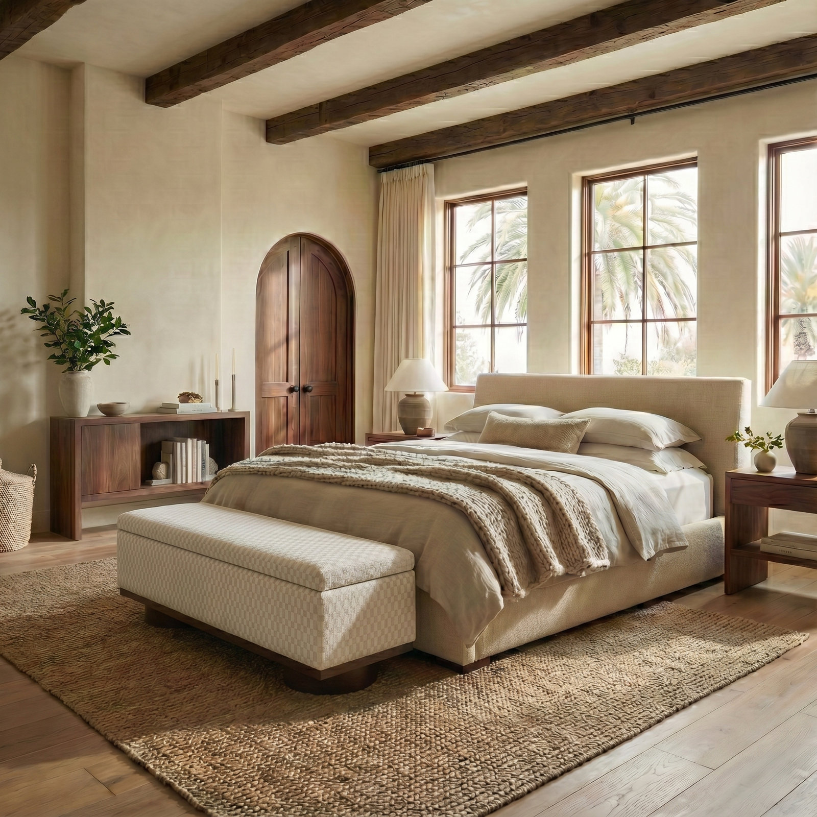 Morje 61" Linen Entryway Bench, Walnut, Taupe Boucle