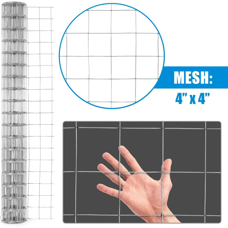 Fencer Wire 12.5 Gauge Galvanized Welded Fence Wire Roll with Mesh Size 4” x 4”, Multiple Options, 5 ft. H x 100 ft. W