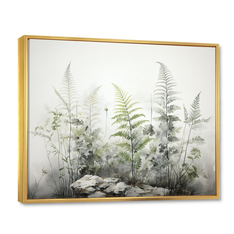 Ferns Silver Whispers I - fougères, art mural encadré, H 30 po x l 40 po x P 1,5 po, Cadre flottant doré