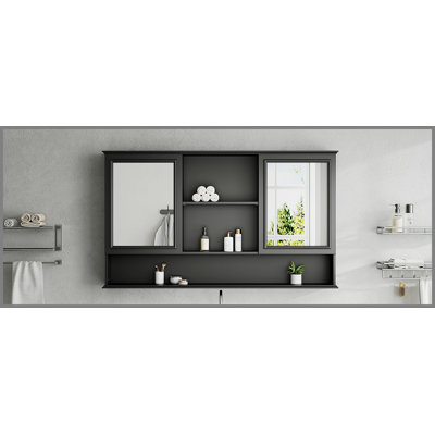 Armoire à pharmacie murale 60 po avec portes à double miroir, tablettes réglables, rangement ouvert, charnières à fermeture en douceur, noir