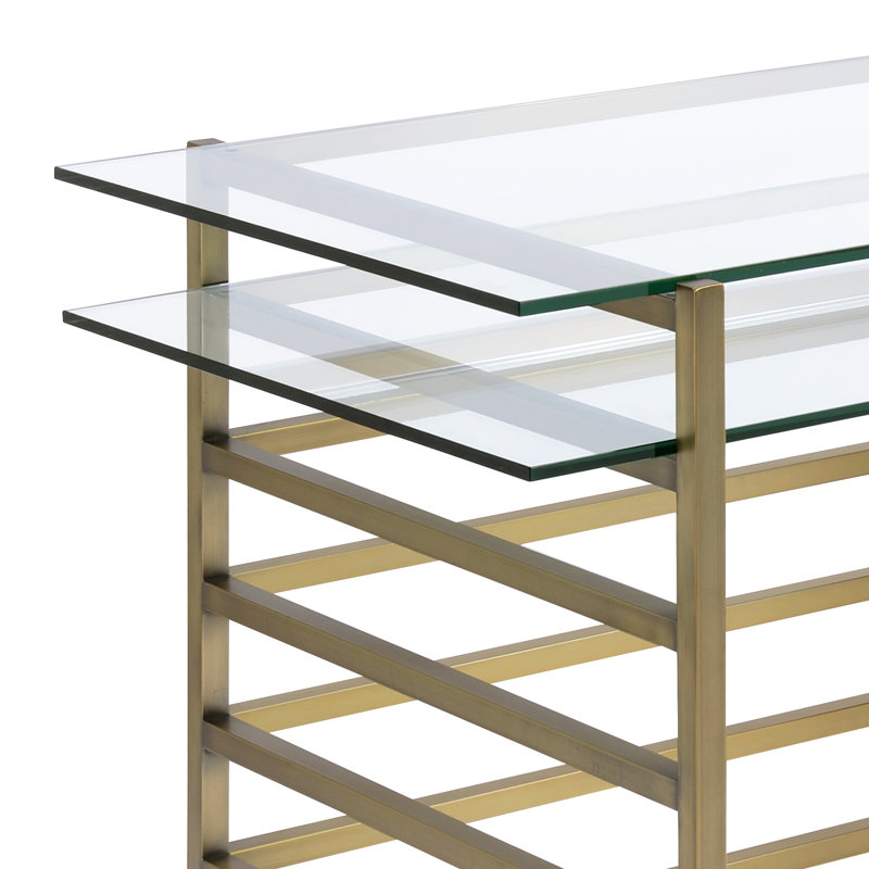 Karwan Metal Base Glass Top Writing Desk in Antique Gold and Clear