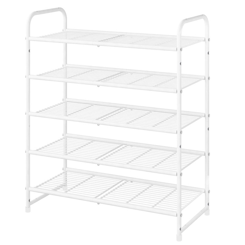 5 Tier Stackable Shoe Rack, Metal Wire Grid, Shoe Organizer Storage Shelf, White