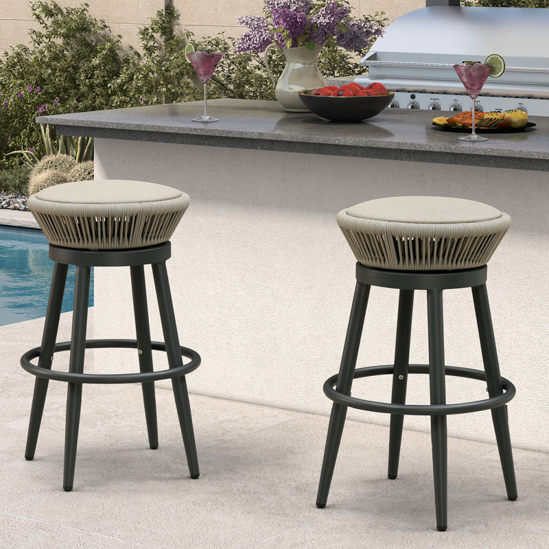 Mauve d'extérieur 2 pièces Tabourets de bar rotatifs modernes, chaises de bar en aluminium sans dossier avec coussin