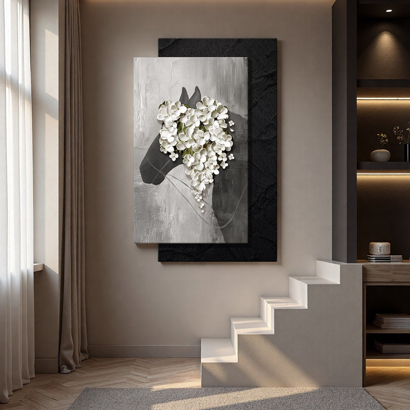 Cheval en grès en relief et art mural à DEL floral, thème de la bonne fortune, H 47,24 po x l 31,5 po x P 1,65 po