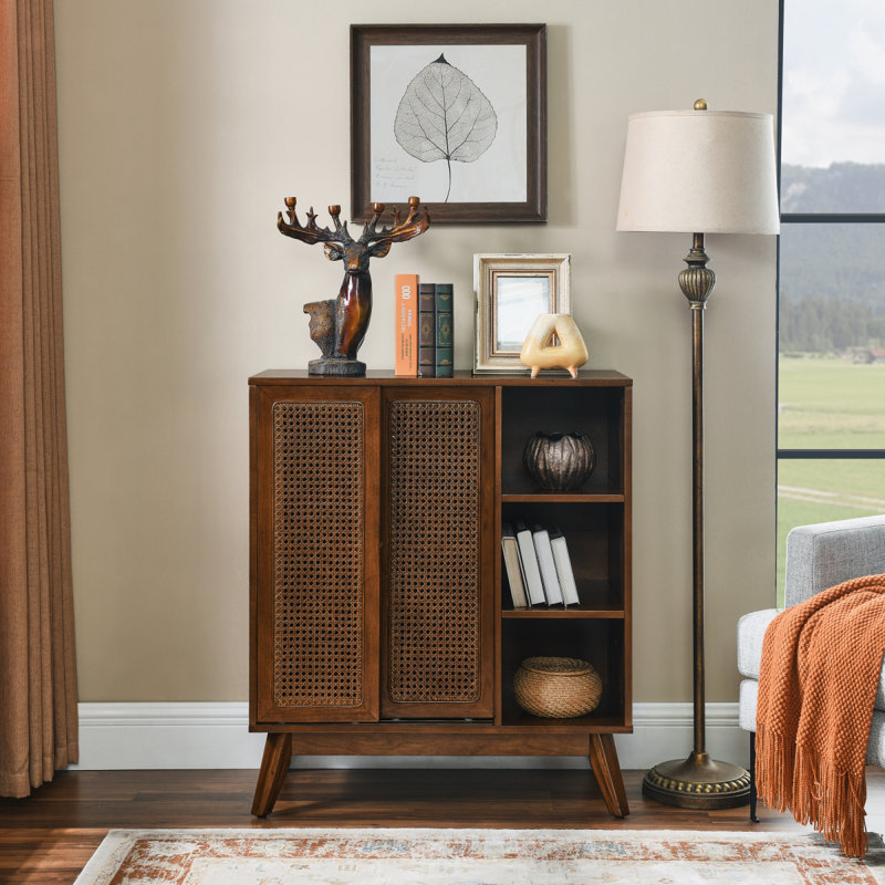Dark Wood Rattan Cabinet For Dining Room Storage, Walnut