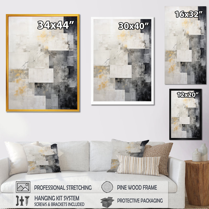 Tuile abstraite grise grise I - art mural abstrait, Cadre photo doré simple, H 44 po x l 34 po x P 1,5 po