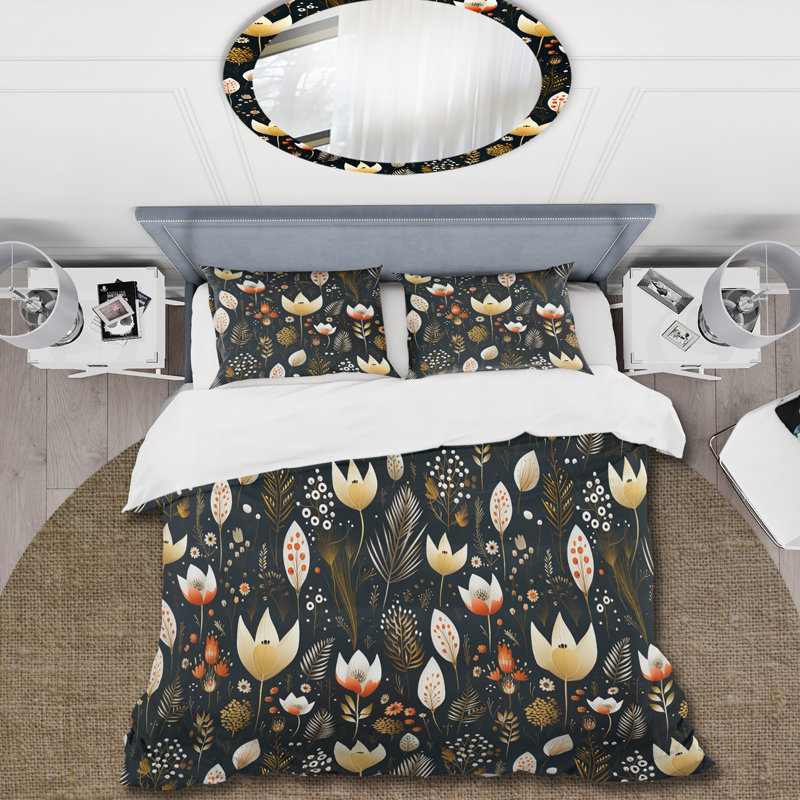 Cottage Elegant Black Plants Meadows II - Ensemble de housse de couette à motif floral