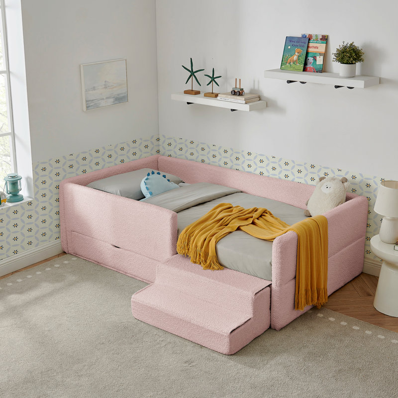 Lit pour enfant multifonctionnel confortable avec garde-corps et rangement, lit simple avec marchepied de sécurité, tissu Boucle