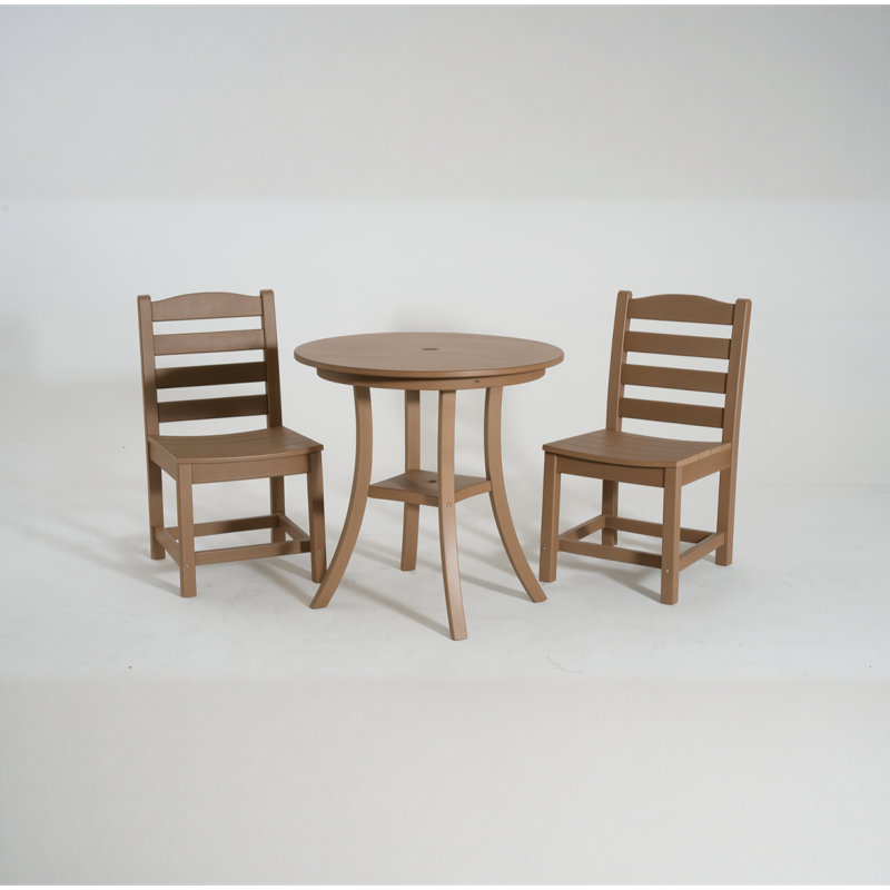 3-Piece Outdoor Dining Set,HDPE Round Patio Table and 2 Armless Chairs, Antique Dark Oak