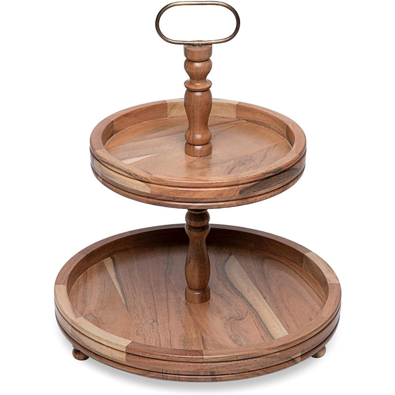 BIRDROCK HOME 2-Tier Farmhouse Serving Tray With Handle - Espresso